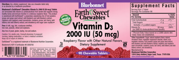 Bluebonnet, Earth Sweet Chewables, Vitamin D3 2,000 IU (50mcg), Raspberry Flavor, Dietary Supplement, NON GMO, Kosher, Gluten Free, 90 Chewable Tablets - Image 2