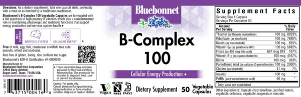 Bluebonnet, B-Complex 100, High Potency B-Complex, Dietary Supplement, Vegan, Kosher, Gluten Free, 50 Vegetarian Capsules - Image 2