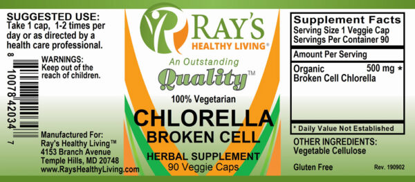 Ray's Healthy Living,  Chlorella Broken Cell, 100%vegetarian, Herbal Supplement, 90 Veggie Caps - Image 2