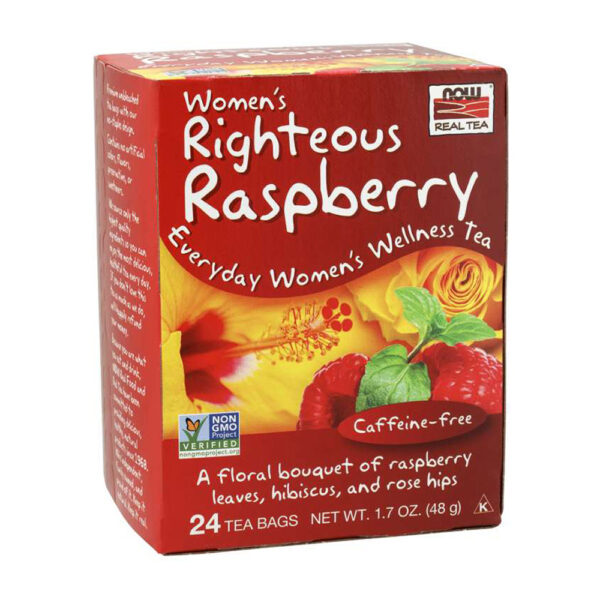 NOW, Women's Righteous Raspberry, Everyday Women's Wellness Tea, Caffeine-Free, A Floral Bouquet, of Raspberry leaves, Hibiscus and Rose Hips, 24 Tea Bags, Net Wt. 1.7 oz (48g), GMO Free, Kosher