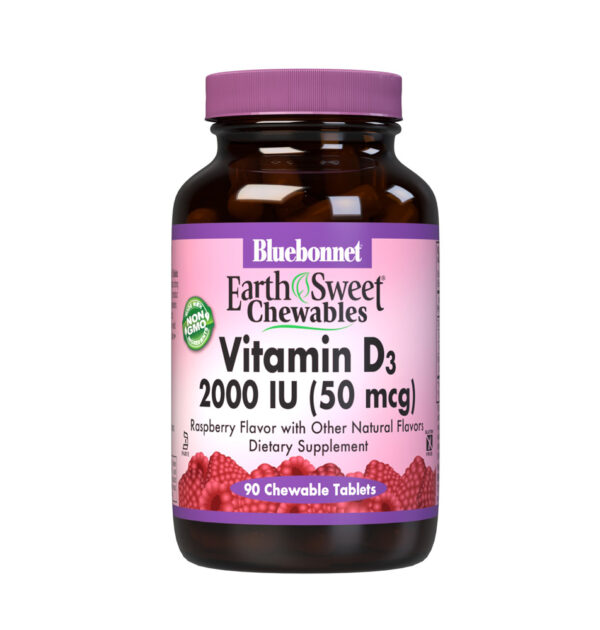 Bluebonnet, Earth Sweet Chewables, Vitamin D3 2,000 IU (50mcg), Raspberry Flavor, Dietary Supplement, NON GMO, Kosher, Gluten Free, 90 Chewable Tablets