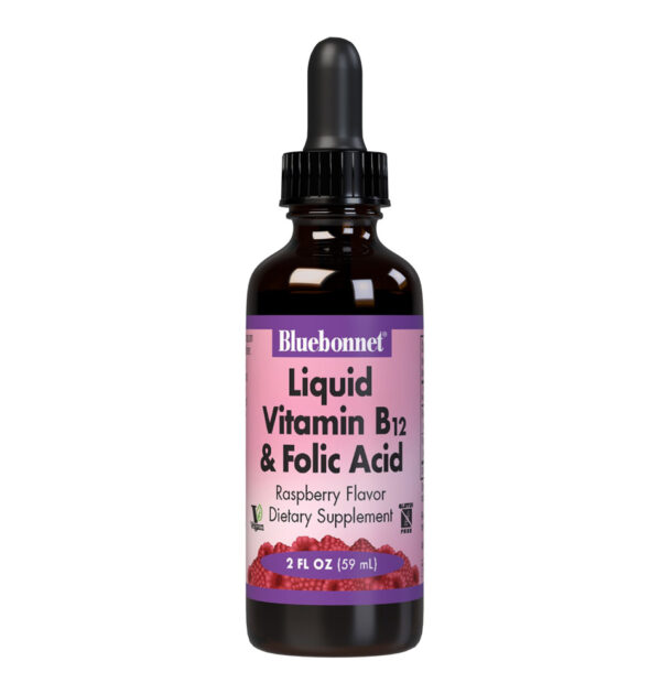 Bluebonnet, Vitamin B-12 & Folic Acid, Raspberry Flavor, Dietary Supplement, Vegan, Gluten Free, 2 fl oz (30 ml)