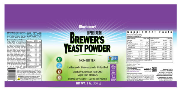 Bluebonnet, Brewer's Yeast Powder, Non-Bitter, Unflavored, Unsweetened, Unfortified, Carefully Grown on Sugar Beet Molasses, Dietary Supplement, Easy-To-Mix Powder, Net Wt. 1 lb (454g), Vegan, Kosher, Gluten Free, Soy Free, NON GMO - Image 2