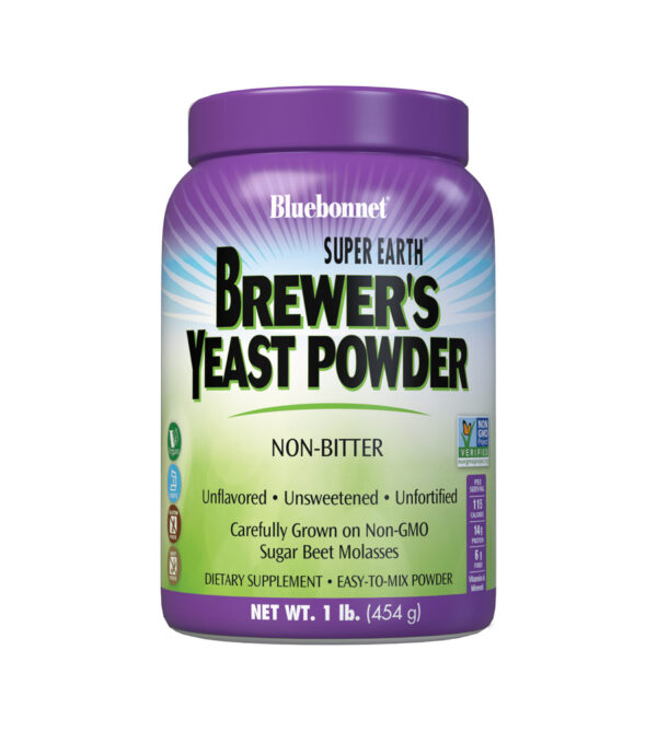 Bluebonnet, Brewer's Yeast Powder, Non-Bitter, Unflavored, Unsweetened, Unfortified, Carefully Grown on Sugar Beet Molasses, Dietary Supplement, Easy-To-Mix Powder, Net Wt. 1 lb (454g), Vegan, Kosher, Gluten Free, Soy Free, NON GMO