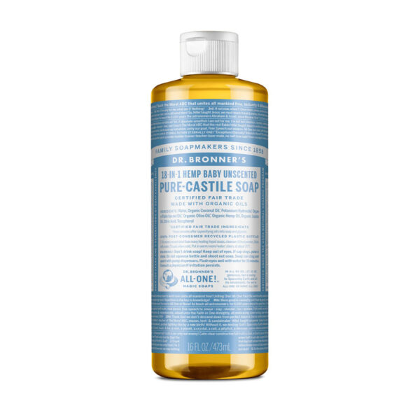 Dr. Bronner's, 18-In-1BAby Unscented, Pure Castile Soap, Certified Fair Trade, Made with Organic Oils, 16 fl oz/473ml